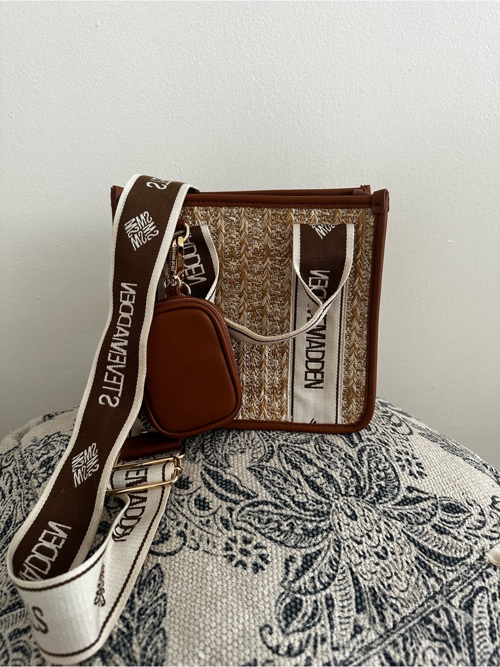 Steve Madden Brown Woven Crossbody with Logo Strap